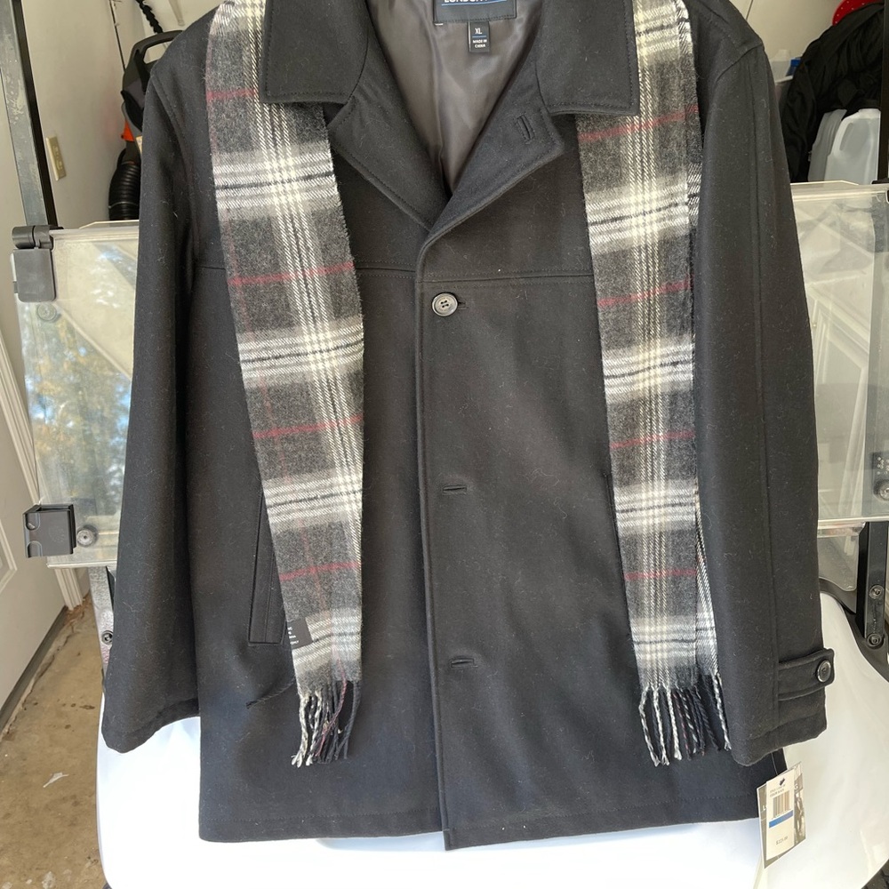 Men's Black Peacoat with Plaid Scarf